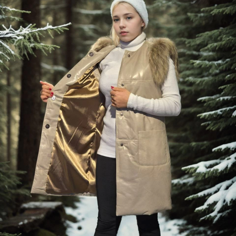 Kolsuz Hakiki Deri Kürk - Krem