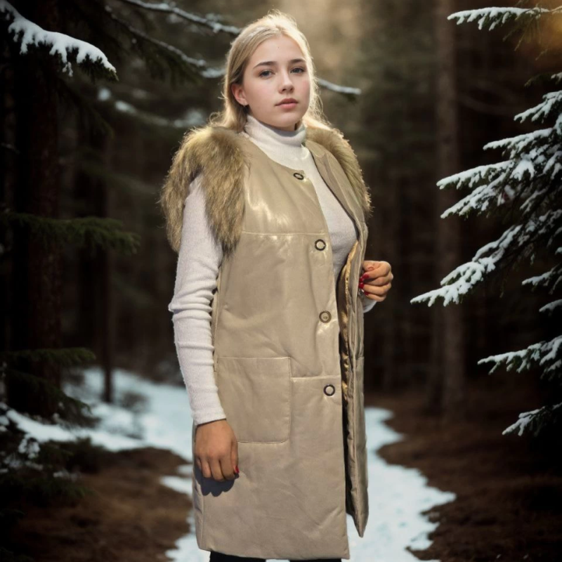 Kolsuz Hakiki Deri Kürk - Krem