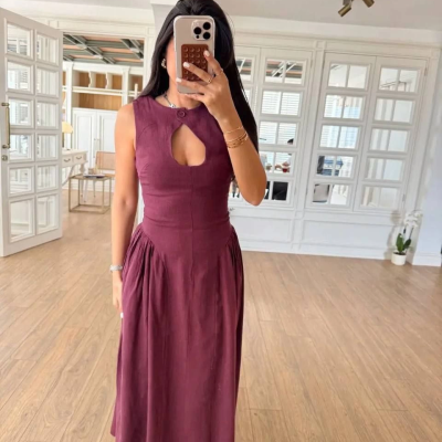 Kolsuz Uzun Kabardin Elbise - Bordo -