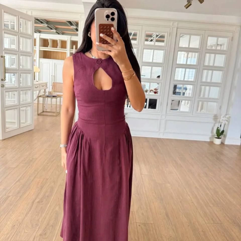 Kolsuz Uzun Kabardin Elbise - Bordo -