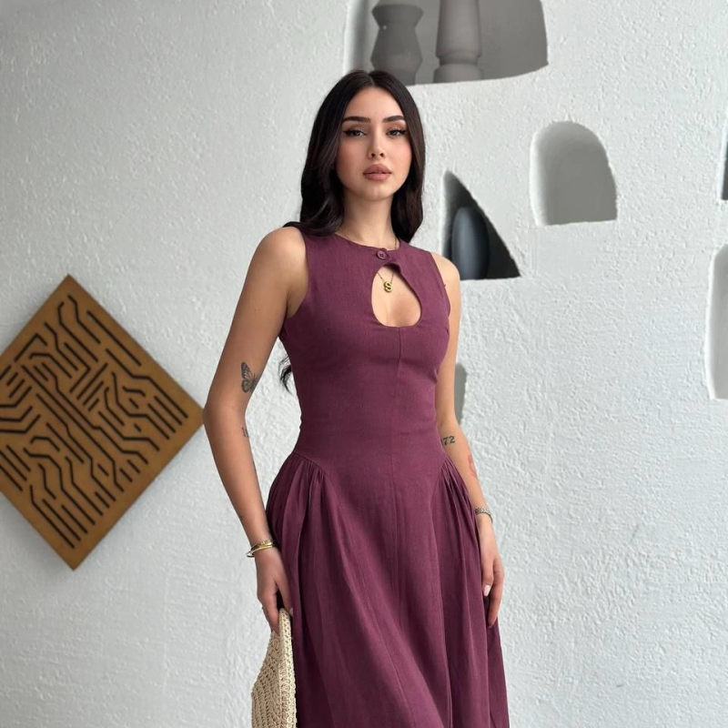 Kolsuz Uzun Kabardin Elbise - Bordo -