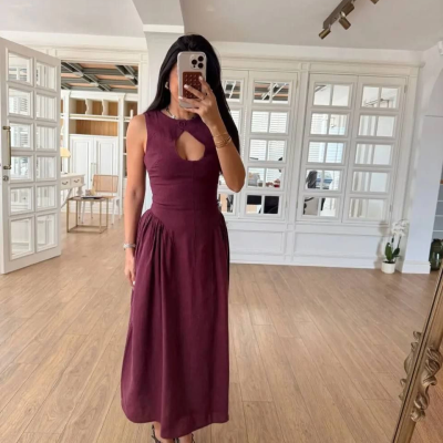 Kolsuz Uzun Kabardin Elbise - Bordo -