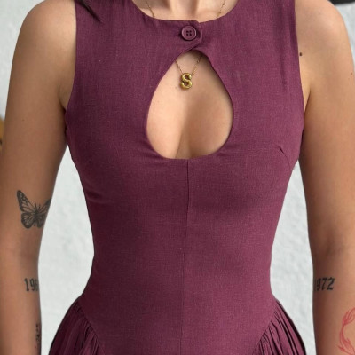 Kolsuz Uzun Kabardin Elbise - Bordo -