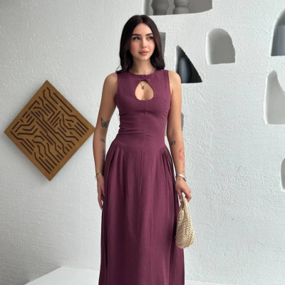 Kolsuz Uzun Kabardin Elbise - Bordo -