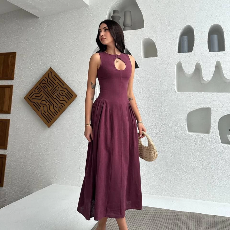 Kolsuz Uzun Kabardin Elbise - Bordo -