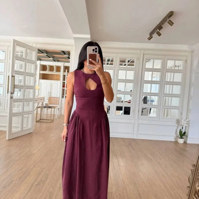 Kolsuz Uzun Kabardin Elbise - Bordo -