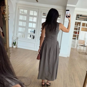 Kolsuz Uzun Kabardin Elbise - Gri -