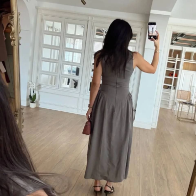 Kolsuz Uzun Kabardin Elbise - Gri -