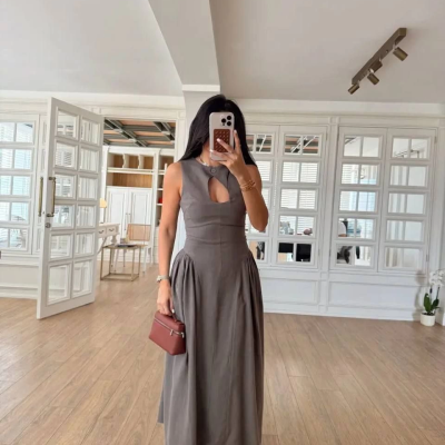 Kolsuz Uzun Kabardin Elbise - Gri -