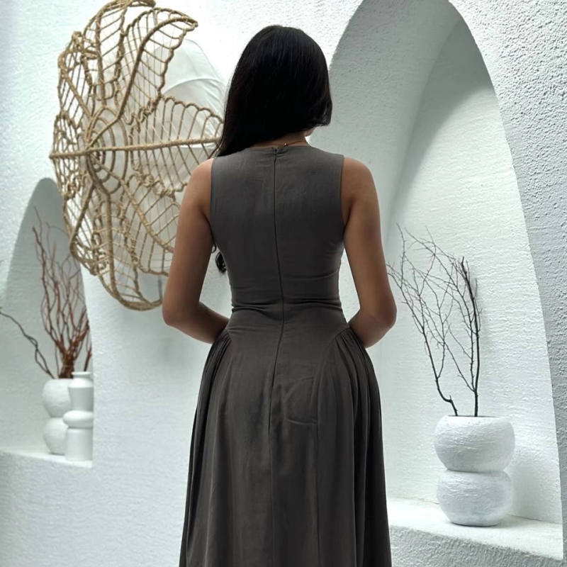 Kolsuz Uzun Kabardin Elbise - Gri -