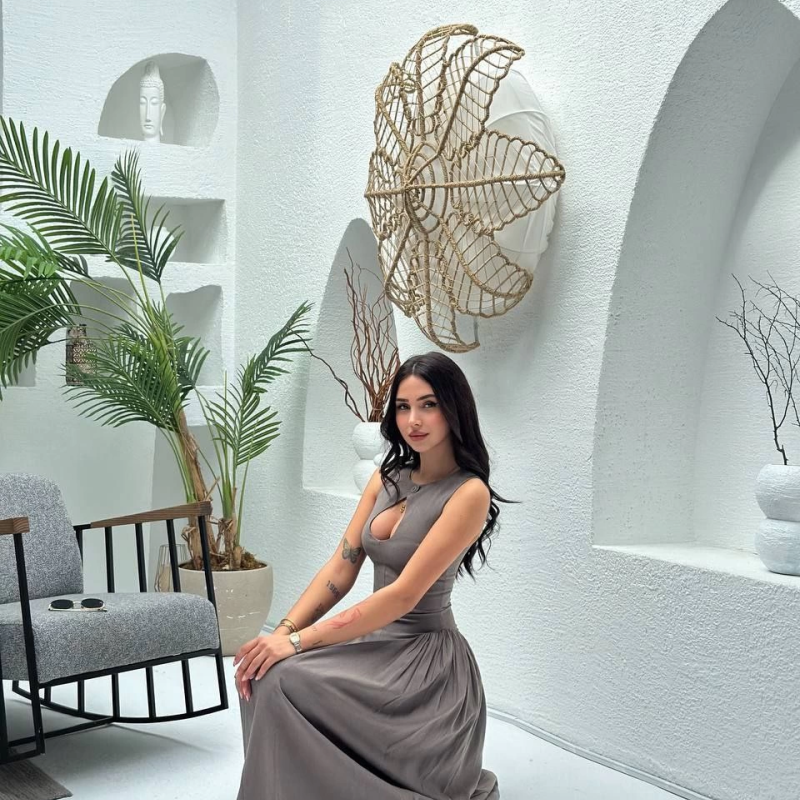 Kolsuz Uzun Kabardin Elbise - Gri -