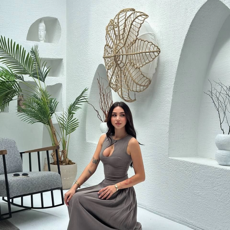 Kolsuz Uzun Kabardin Elbise - Gri -