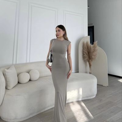 Kolsuz Uzun Likralı Elbise - Gri -