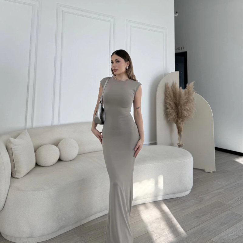 Kolsuz Uzun Likralı Elbise - Gri -