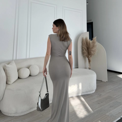 Kolsuz Uzun Likralı Elbise - Gri -