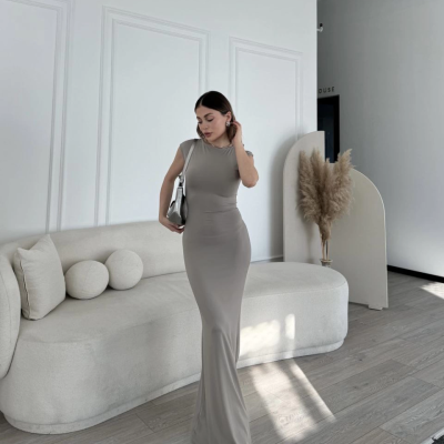 Kolsuz Uzun Likralı Elbise - Gri -