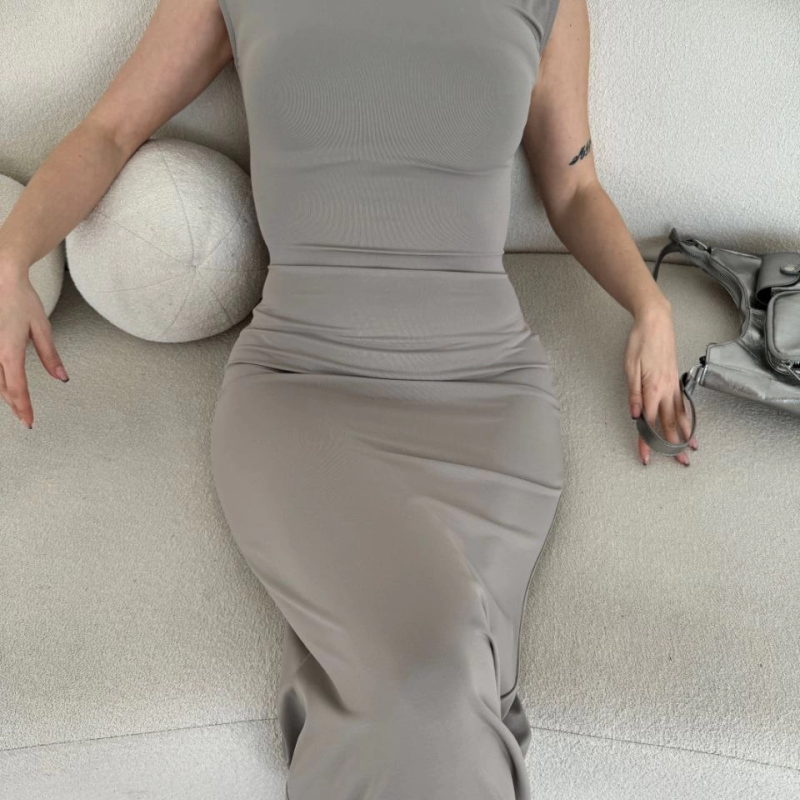 Kolsuz Uzun Likralı Elbise - Gri -