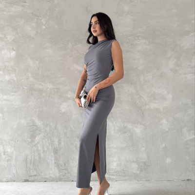 Kolsuz Yırtmaçlı Uzun maxı boy Elbise - Gri