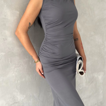 Kolsuz Yırtmaçlı Uzun maxı boy Elbise - Gri