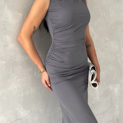 Kolsuz Yırtmaçlı Uzun maxı boy Elbise - Gri