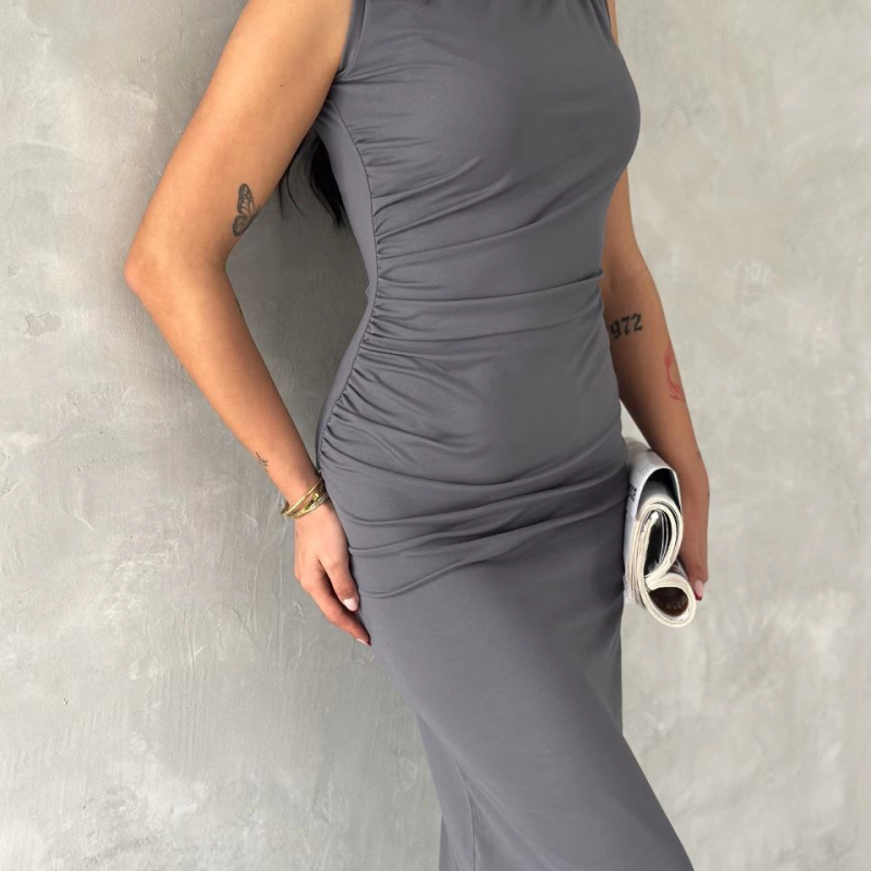 Kolsuz Yırtmaçlı Uzun maxı boy Elbise - Gri