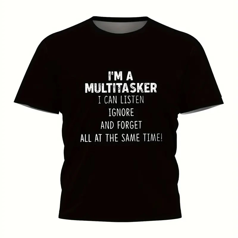 Komik 'Multitasker' Baskılı Tişört, Günlük Kısa Kollu Oversize Tişört,- Siyah -