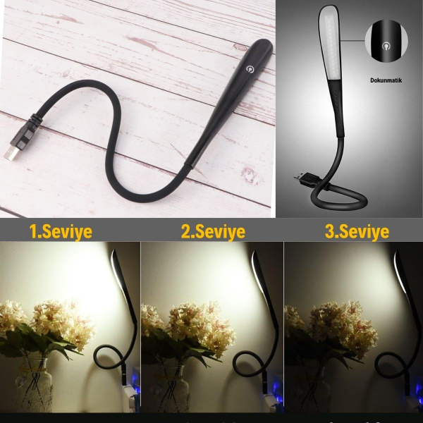 Kompakt USB Siyah 14 Ledli 3 Kademeli Dokunmatik Okuma Lambası