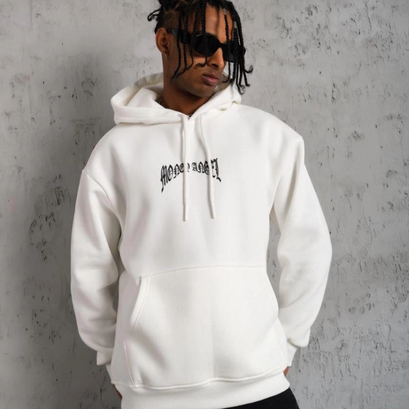 Kordon İpli Baskılı Kapüşonlu Sweatshirt - Beyaz -