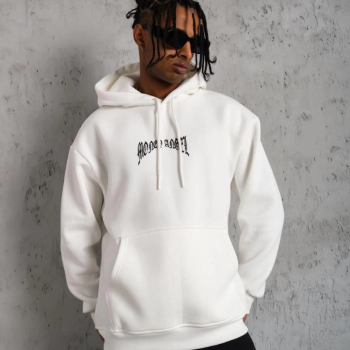 Kordon İpli Baskılı Kapüşonlu Sweatshirt - Beyaz -