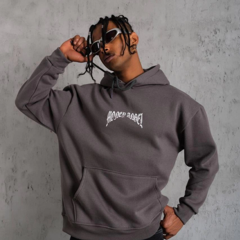 Kordon İpli Baskılı Kapüşonlu Sweatshirt - Füme