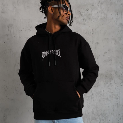 Kordon İpli Baskılı Kapüşonlu Sweatshirt - Siyah -