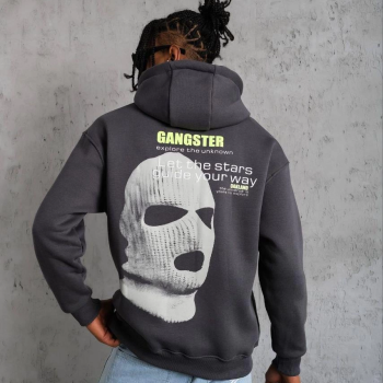 Kordonlu Maske Baskılı Kapşonlu Sweat - Gri