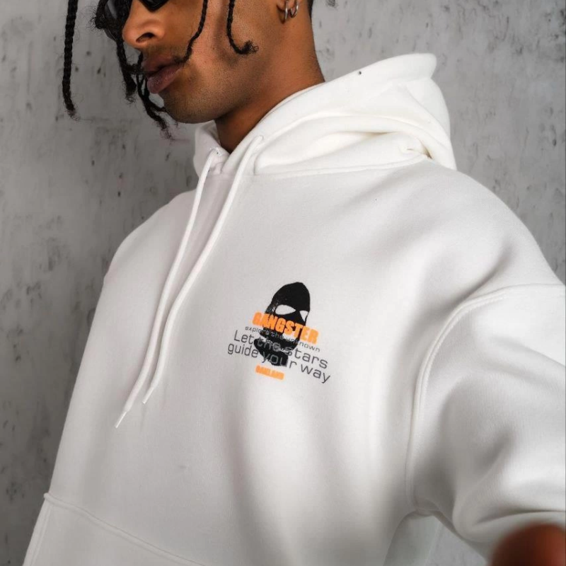 Kordonlu Maske Baskılı Kapüşonlu Sweat - Beyaz -