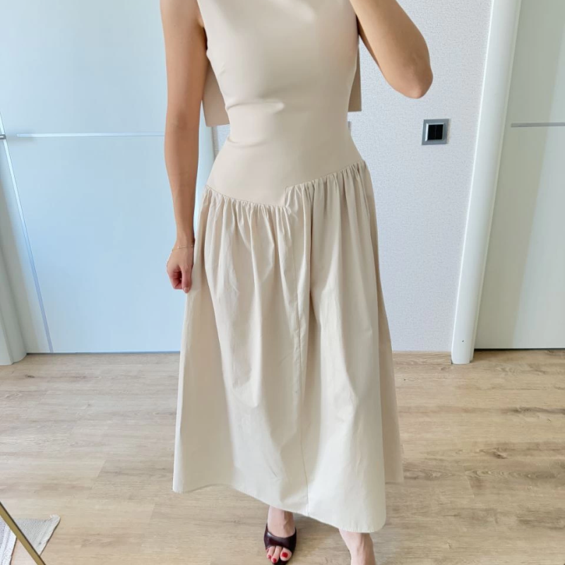 Krep Arkası Kanat Arka Ön Pens Detaylı Uzun   Elbise - Bej -