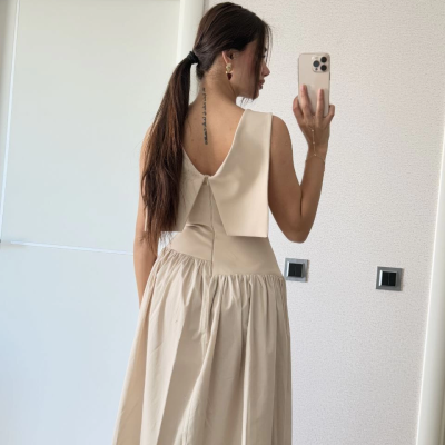 Krep Arkası Kanat Arka Ön Pens Detaylı Uzun   Elbise - Bej -