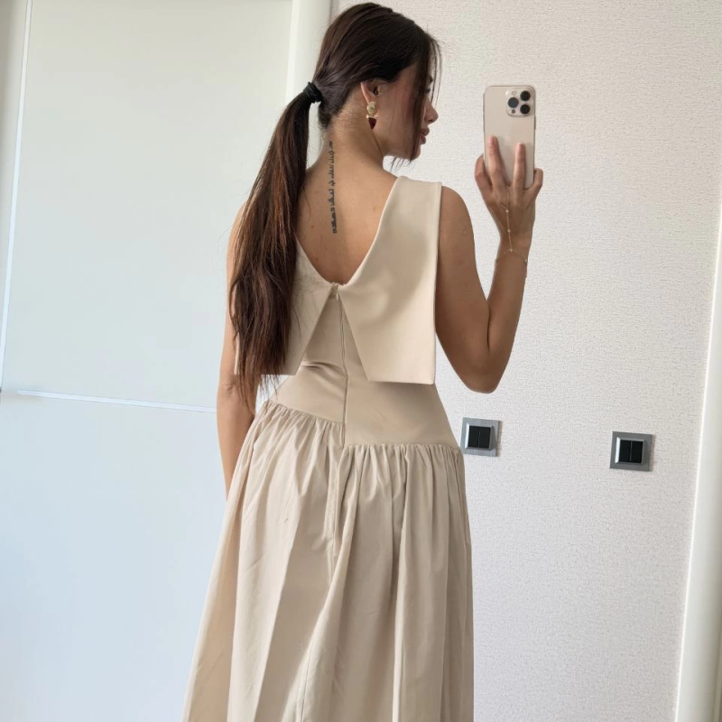 Krep Arkası Kanat Arka Ön Pens Detaylı Uzun   Elbise - Bej -