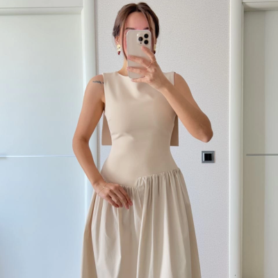 Krep Arkası Kanat Arka Ön Pens Detaylı Uzun   Elbise - Bej -