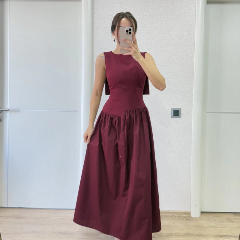 Krep Arkası Kanat Arka Ön Pens Detaylı Uzun   Elbise - Bordo -