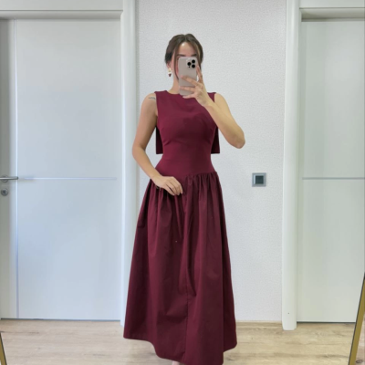 Krep Arkası Kanat Arka Ön Pens Detaylı Uzun   Elbise - Bordo -