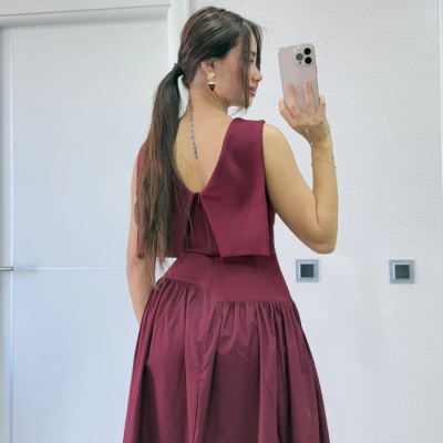 Krep Arkası Kanat Arka Ön Pens Detaylı Uzun   Elbise - Bordo -