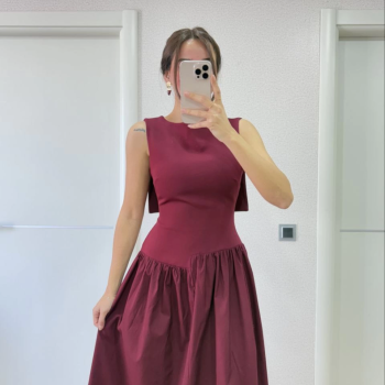 Krep Arkası Kanat Arka Ön Pens Detaylı Uzun   Elbise - Bordo -