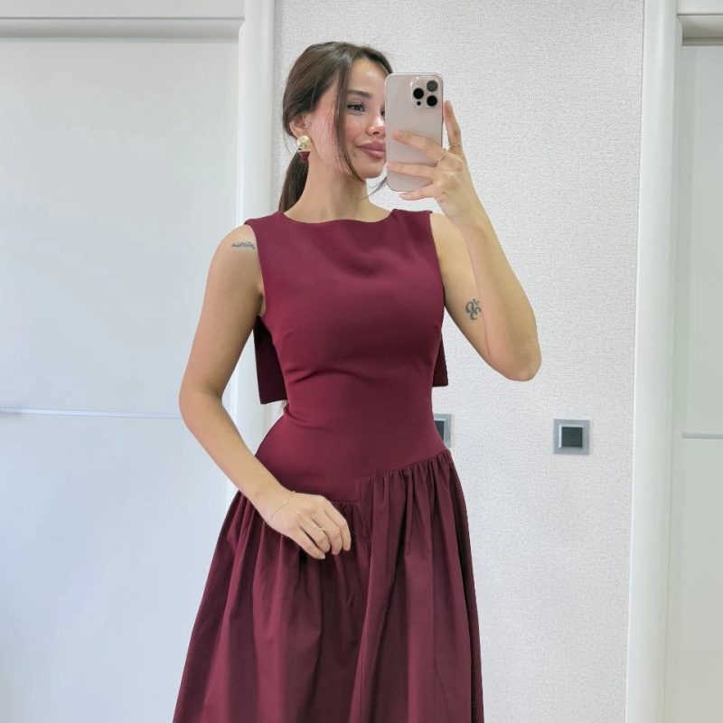 Krep Arkası Kanat Arka Ön Pens Detaylı Uzun   Elbise - Bordo -