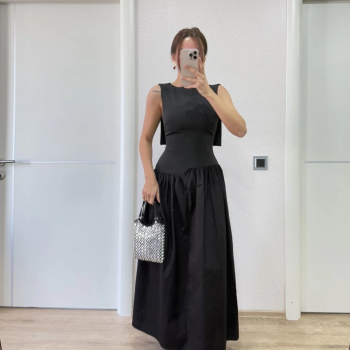 Krep Arkası Kanat Arka Ön Pens Detaylı Uzun   Elbise - Siyah -