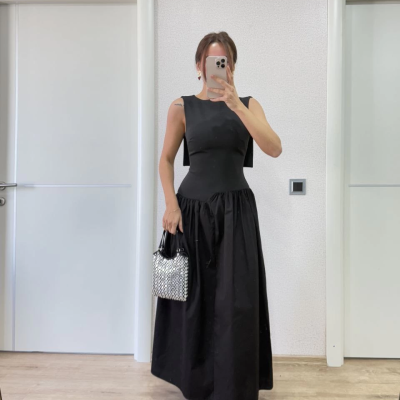 Krep Arkası Kanat Arka Ön Pens Detaylı Uzun   Elbise - Siyah -