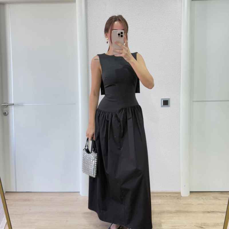 Krep Arkası Kanat Arka Ön Pens Detaylı Uzun   Elbise - Siyah -