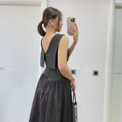 Krep Arkası Kanat Arka Ön Pens Detaylı Uzun   Elbise - Siyah -