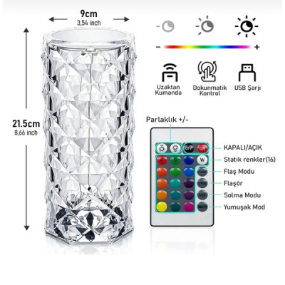 Kristal LED Kumandalı Ve Dokunmatik Masa Lambası 