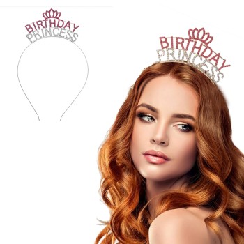 Kristal Taşlı Birthday Princess Yazılı Parti Tacı Pembe Renk 