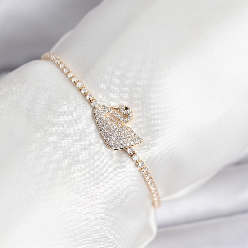 Kuğu Model Zirkon Taşlı Gold Renk Asansörlü Su Yolu Bileklik