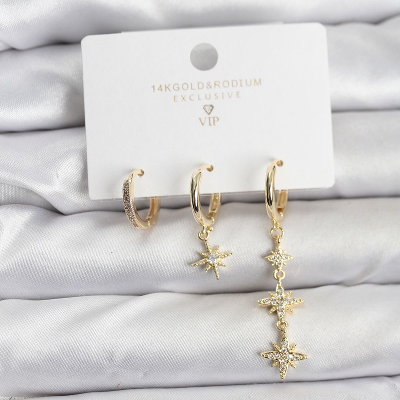 Kutup Yıldızı Model Gold Renk Pirinç 3'lü Kadın Küpe Seti